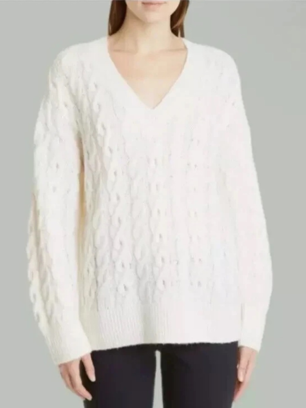 Vince Lattice Cable Knit V-Neck Sweater ivory/cream alpaca and wool Blend Sz Med